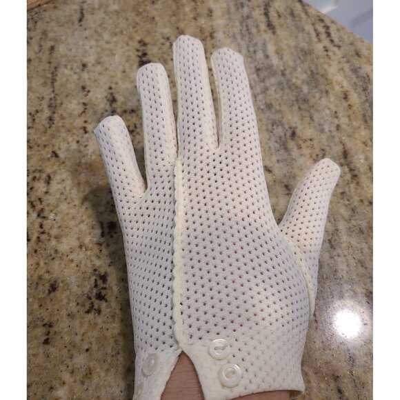 Vtg Size S Stretch Nylon Off-White 7.5" Formal Gloves Perforated Stripe Buttons - Picture 10 of 16